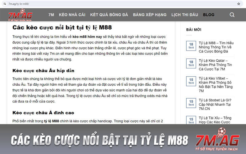 Các kèo cược nổi bật tại tỷ lệ M88