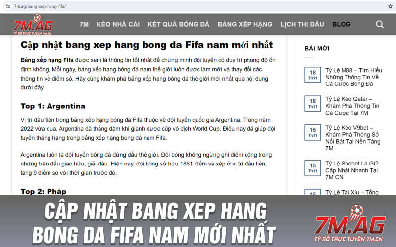 Cập nhật bang xep hang bong da Fifa nam mới nhất